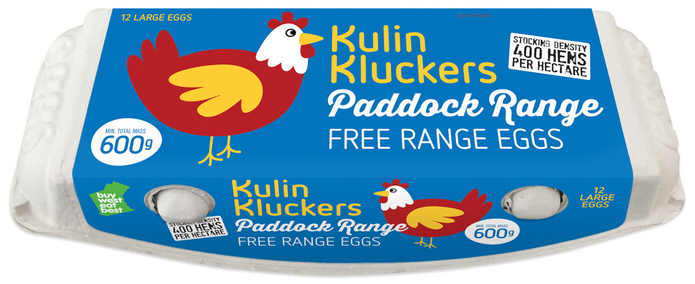 Bold free range egg label carton design, blue background for 600g carton..