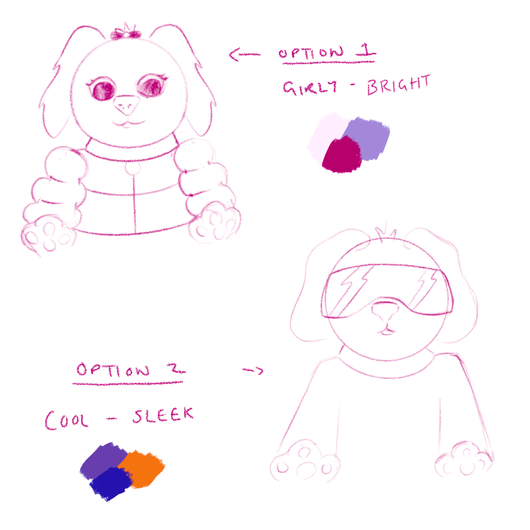 Character Exploration - opted for option 2. The design is more simple and has the cool vibe I was going for.