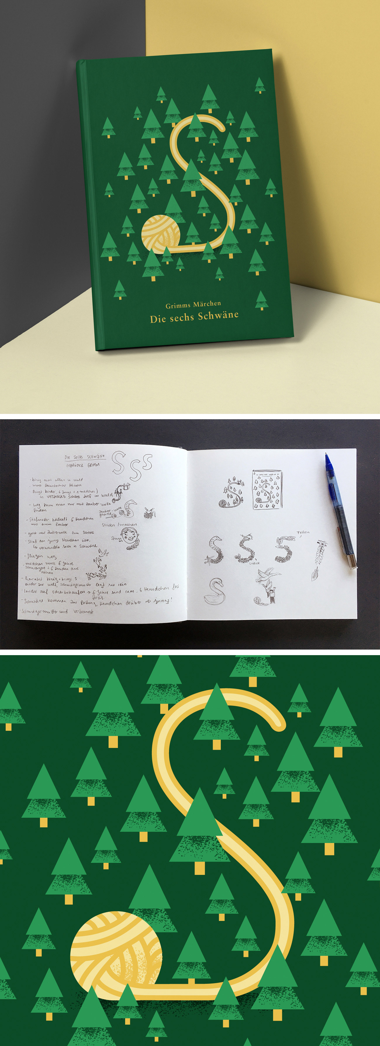 Buchcover mit Details und Skizze für ein Märchen der Gebrüder Grimm. Angelegt als Vektorillustration..