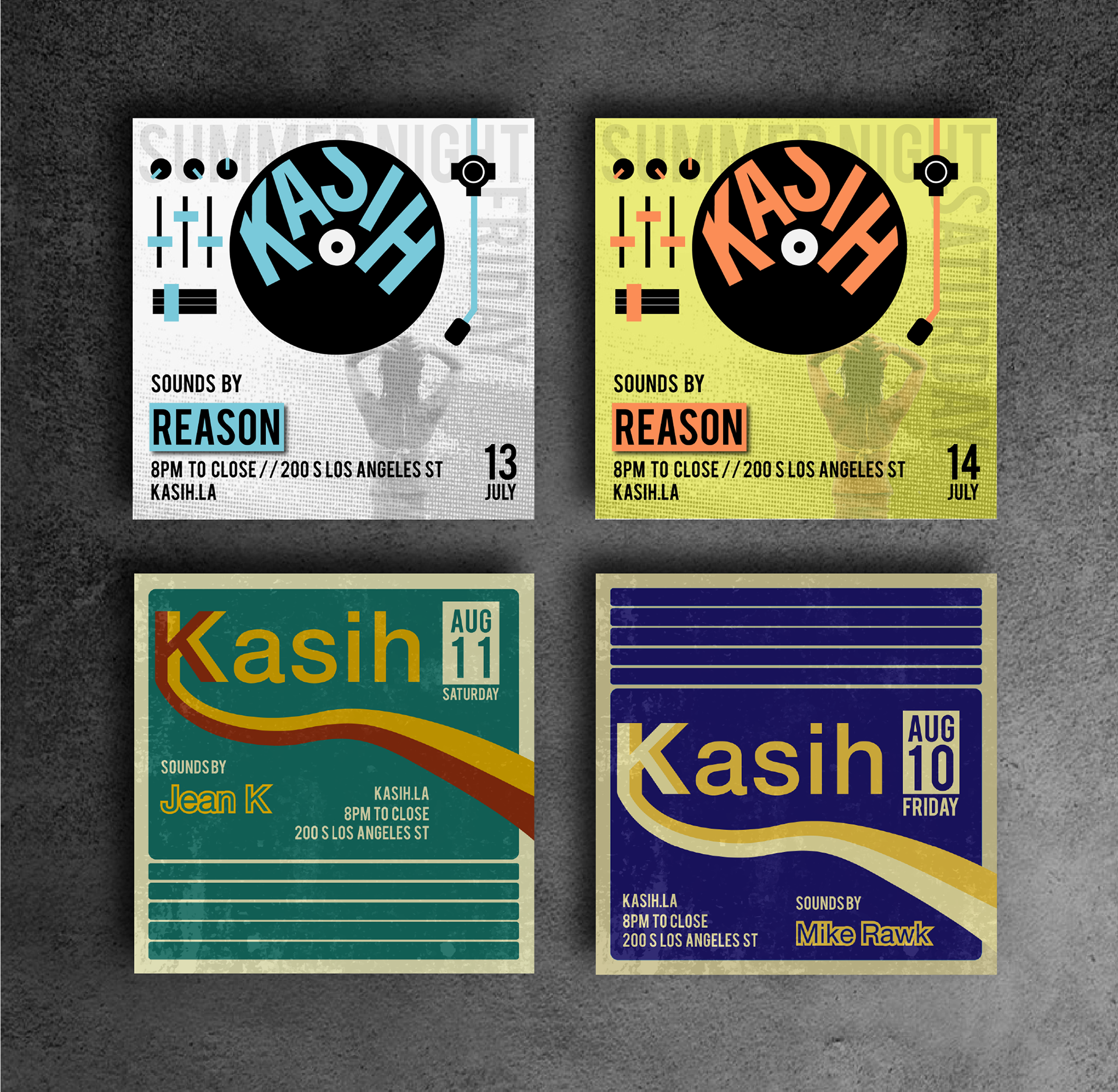 Promotional flyers for DJ Reason, Jean K, and Mike Rawk