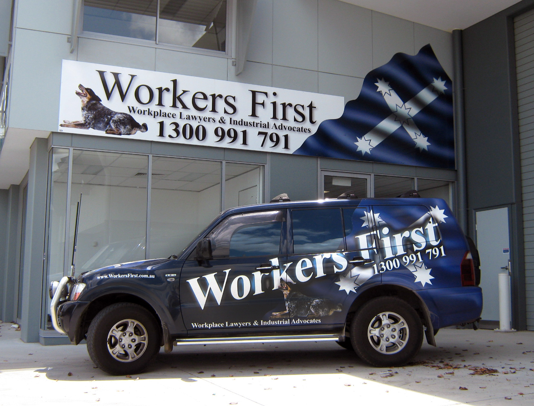 Workers First building and vehicle graphics