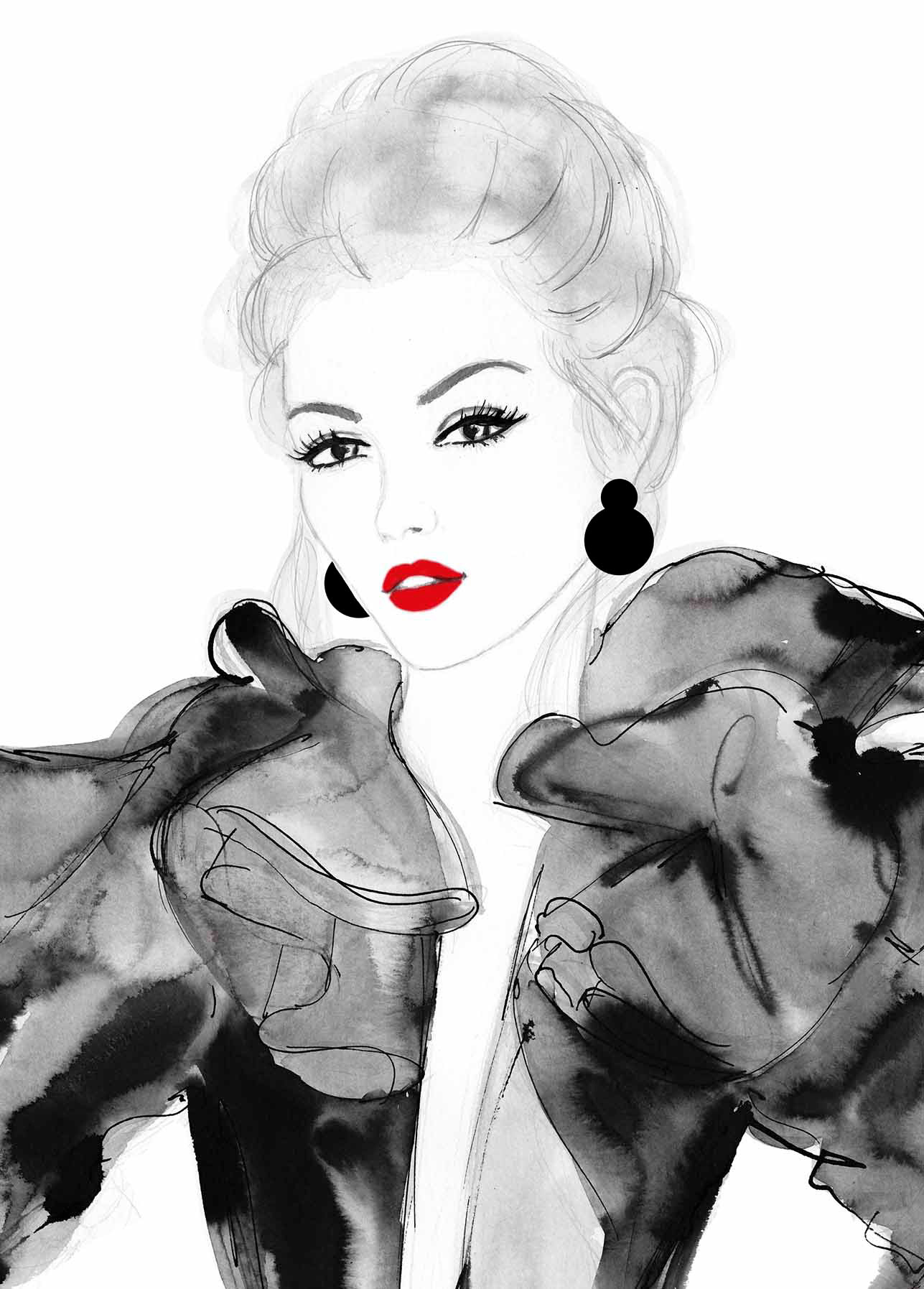 Beauty Illustration in schwarz weiß kreiert mit schwarzer Tusche. Das Portrait zeigt eine junge Frau bzw. Model das den Betrachter anschaut. Sie trägt roten Lippenstift und ihre Augen sind stark mit Make-Up betont durch einen schwarzen Lidstrich. Beauty illustration in black and white drawn with black ink. The portrait shows a young woman / model who looks at the viewer / observer. She is wearing a red lipstick and her eyes show a heavy make up created with a bold black eyeliner creating a cat eye look. She is wearing a black haute couture gown. Sie trägt eine schwarz Haute Couture Robe.