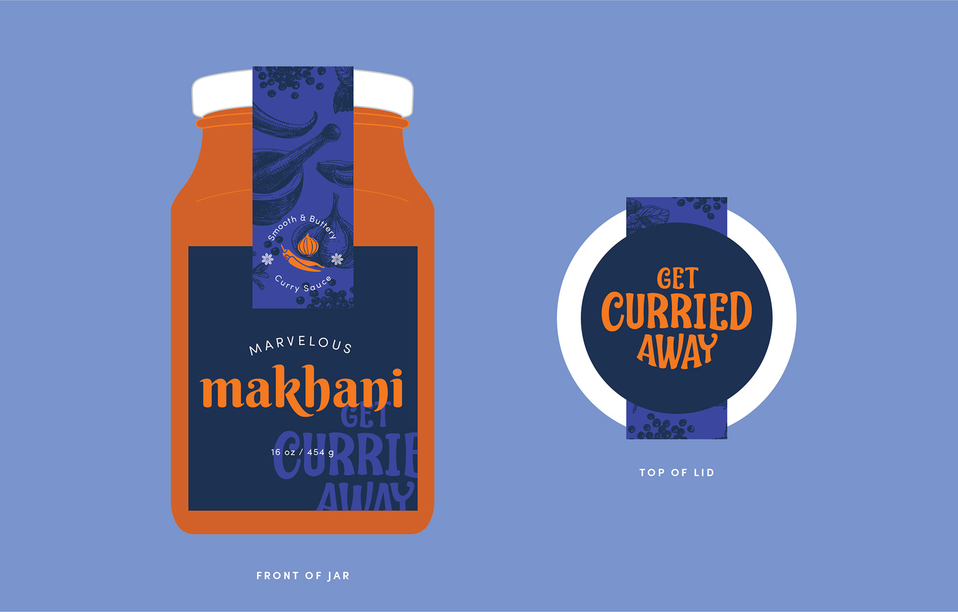 Label design for Get Curried Away's jar of curry.
