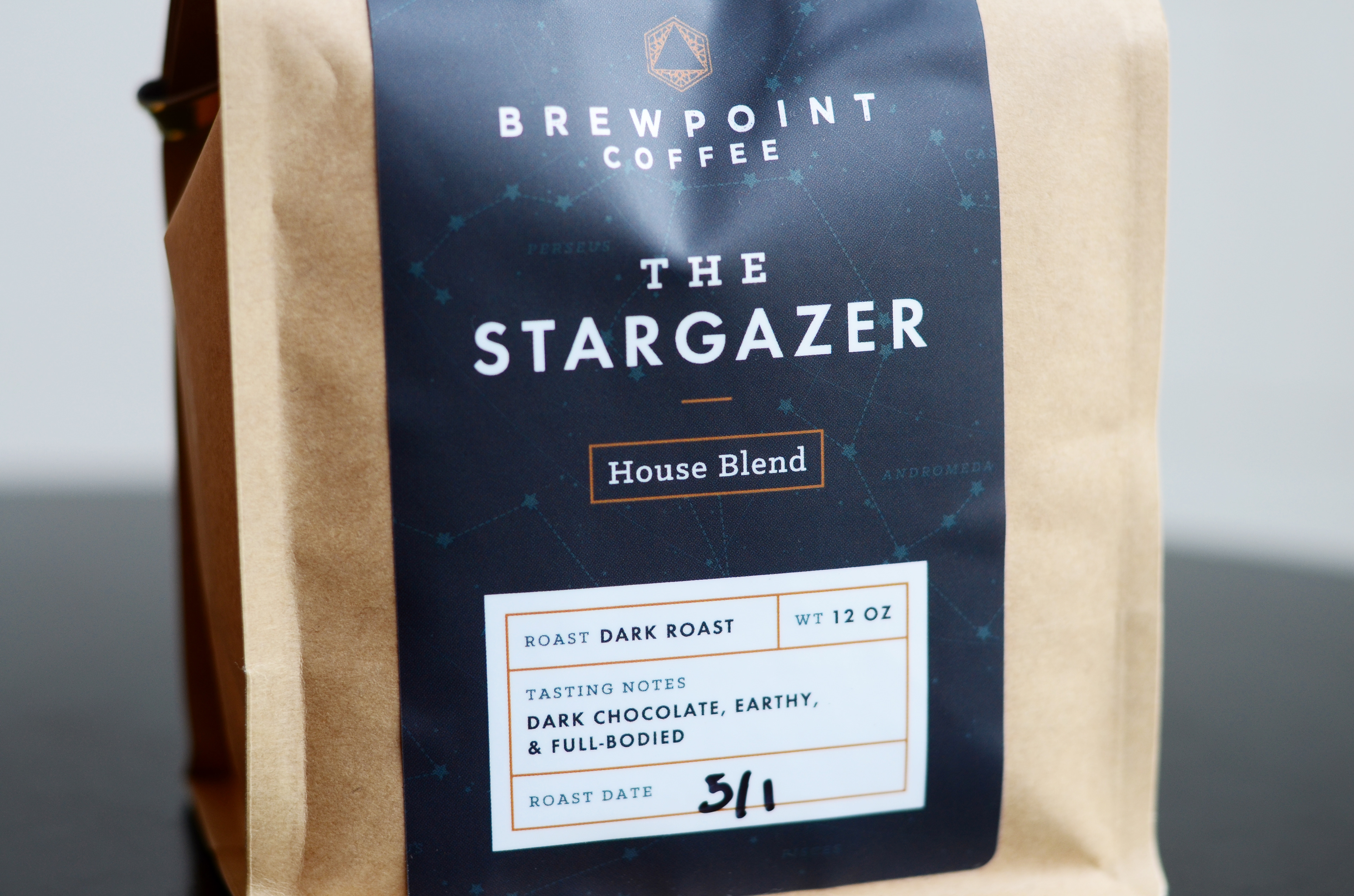 Label design for The StarGazer, Brewpoint Coffee's house blend coffee packaging.