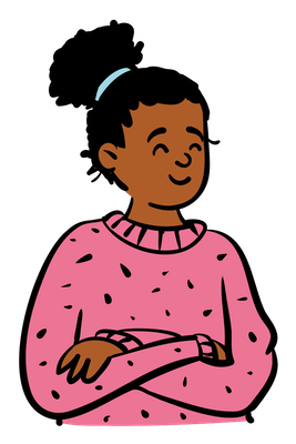 Illustration of young woman with arms folded, smiling proudly. Illustration credit: Open Peeps by Pablo Stanley.
