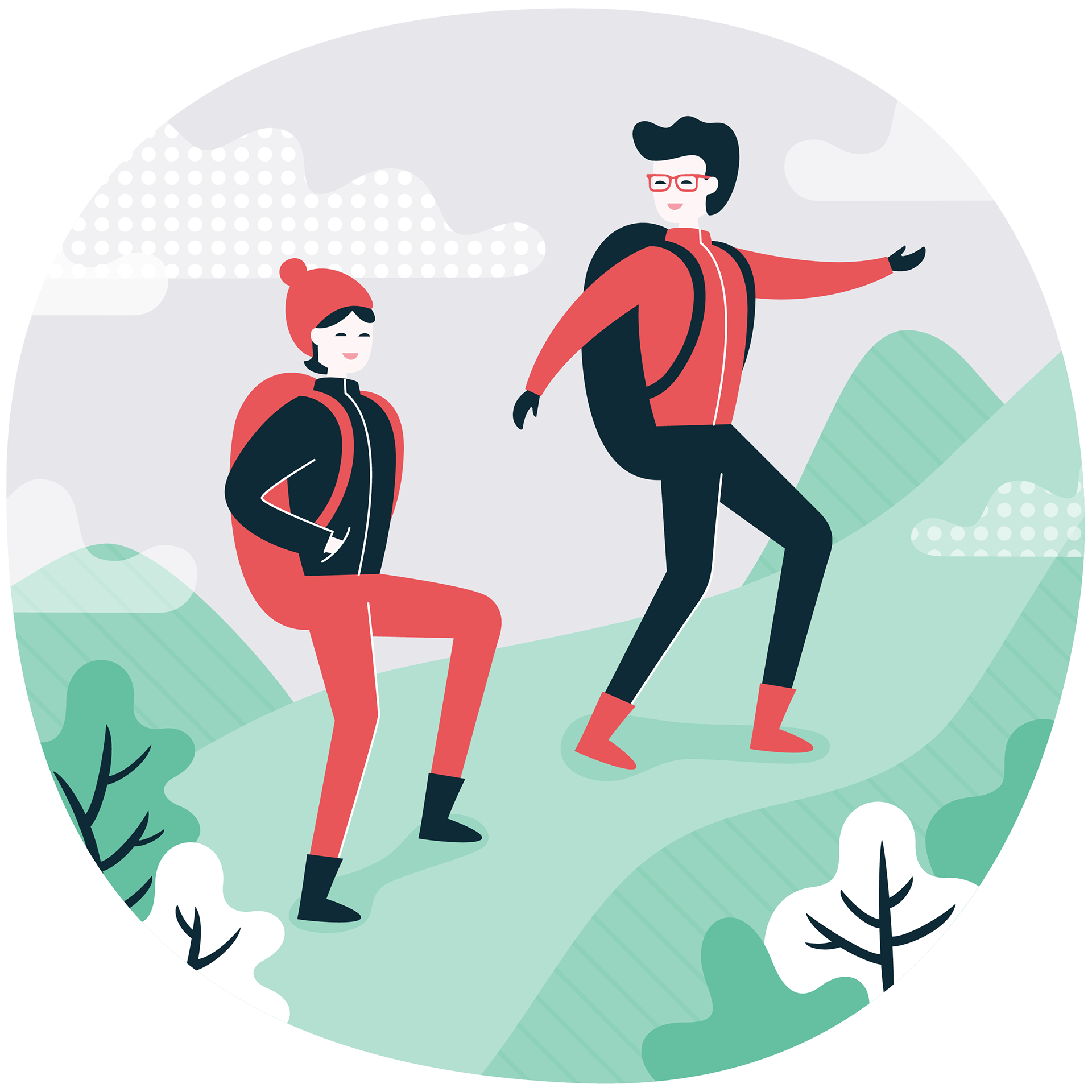Illustration of two women climbing a hill, they are carrying back packs, the scenery is green hilltops and white spotty clouds