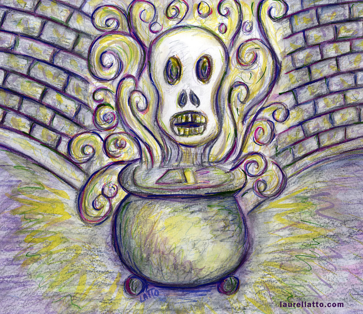 Skeleton Smokey Cauldron Dungeon Watercolor Illustration