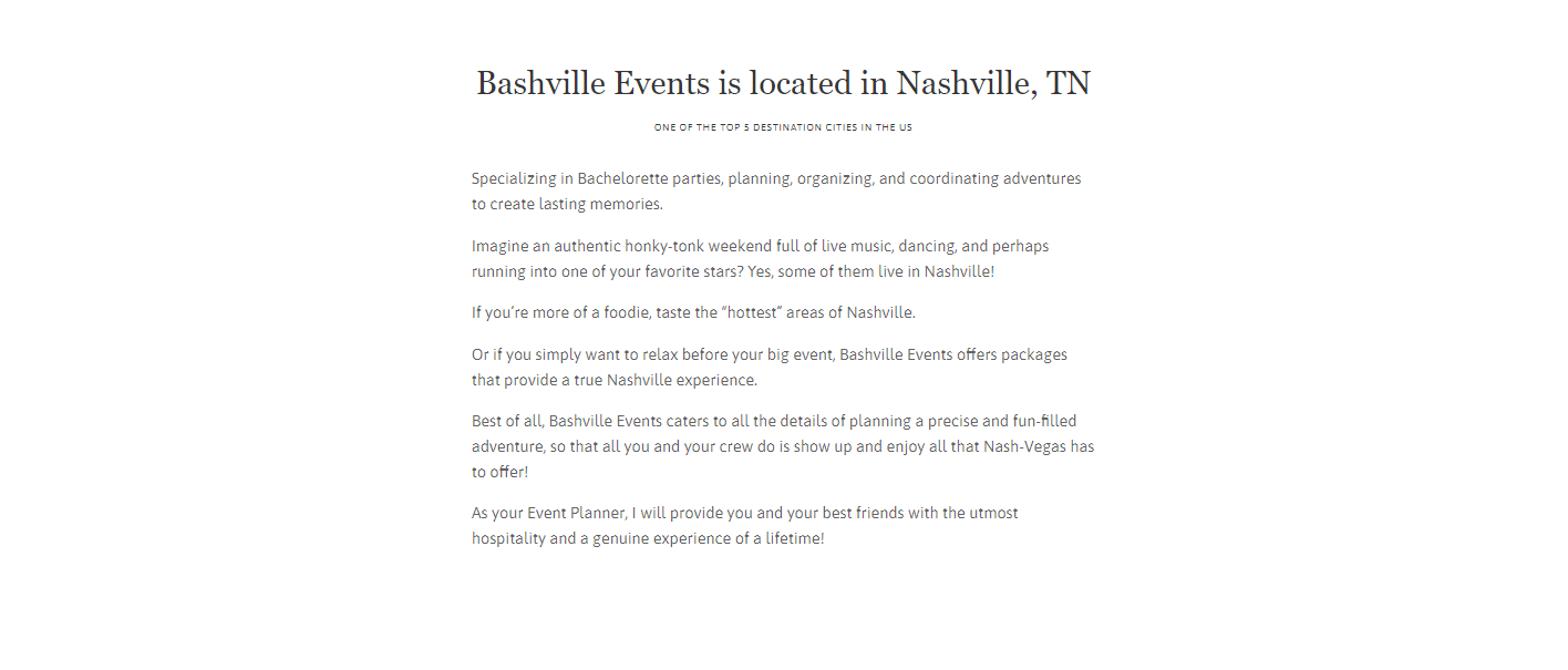 Website Content Arrangement Home Page Part 2 for Bashville Events in Nashville, TN Copyright 2017-2018 Cityscape Creative