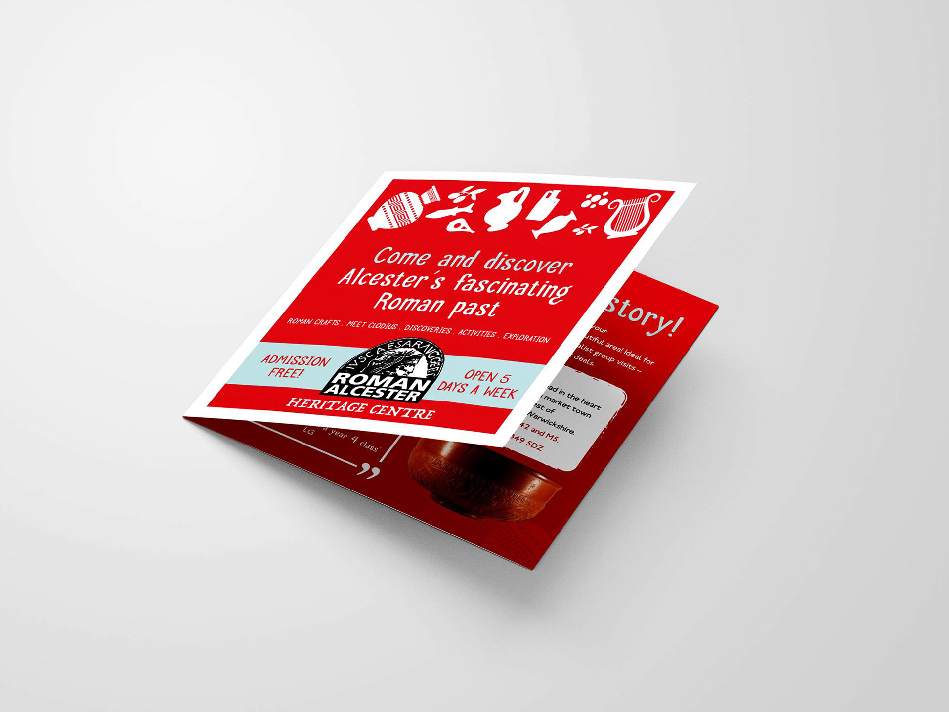 Square bi-fold leaflet for Alcester Roman Museum