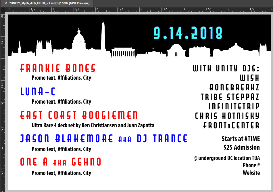 Early concept: Print Design: the client wanted the redesigned 4" x 6" Handout to be horizontal, this is the info side. Since the event was to be held in Washington DC, he redesign includes a simple vector illustration of the DC skyline