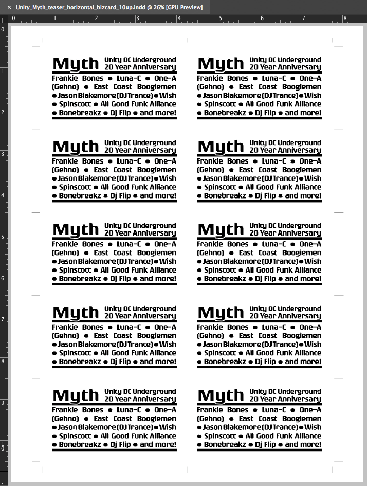 Final Print Design: for ease in having these printed at local print shops, I imposed the print-ready 3.5" x 2" Handouts in two versions: 10-up and 8-up. This is the musician lineup side of the 10-up version, which would be printed in black ink on 65 lb. Astrobright card stock