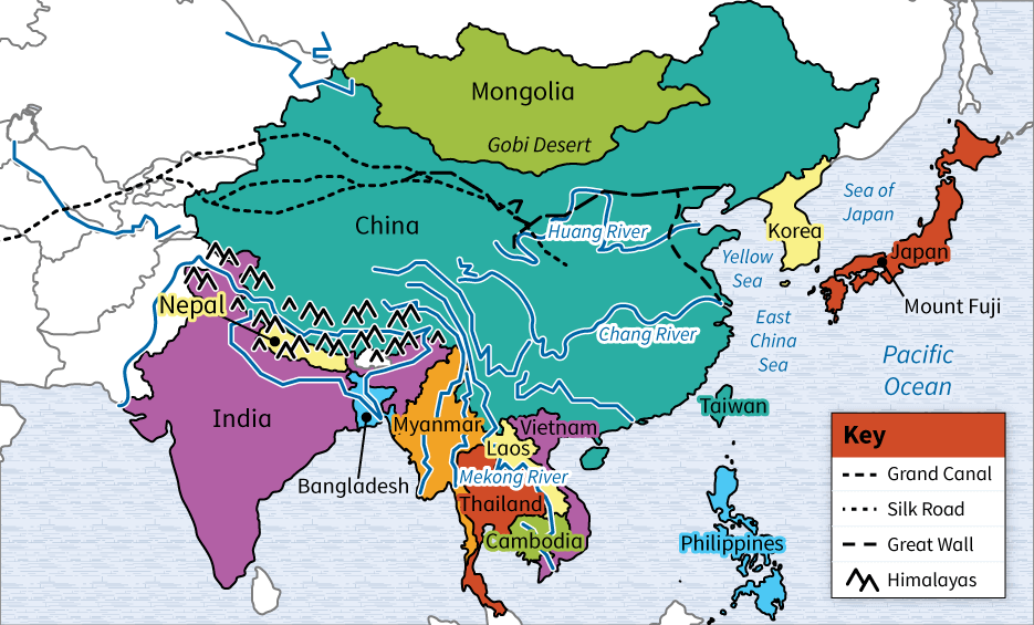 Static Map: Historical Map of Asia which illustrates several natural and man-made geographical features discussed in the accompanying lesson