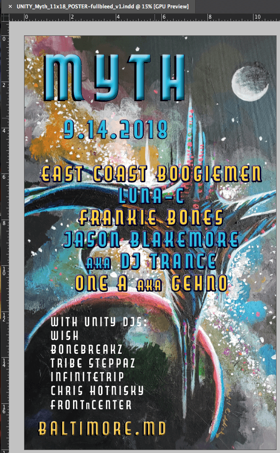 Early concept: Print Design: 11" x 18" Event Announcement Poster - design incorporates most of the painting provided by the client. I felt this version needed more contrast to be legible from a distance