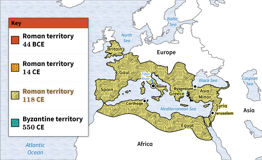 Interactive Map: selecting one of the options in the key would display the corresponding one of four overlays on the map, depicting that particular territory during the chosen year