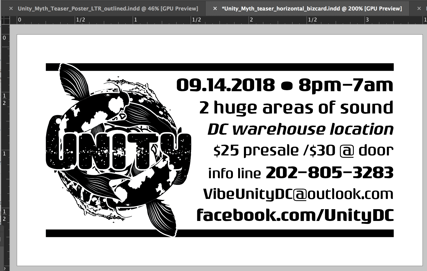 Final Print Design: 3.5" x 2" Event Announcement Handouts - this is the event information side, which was printed in black ink on 65 lb. Astrobright card stock