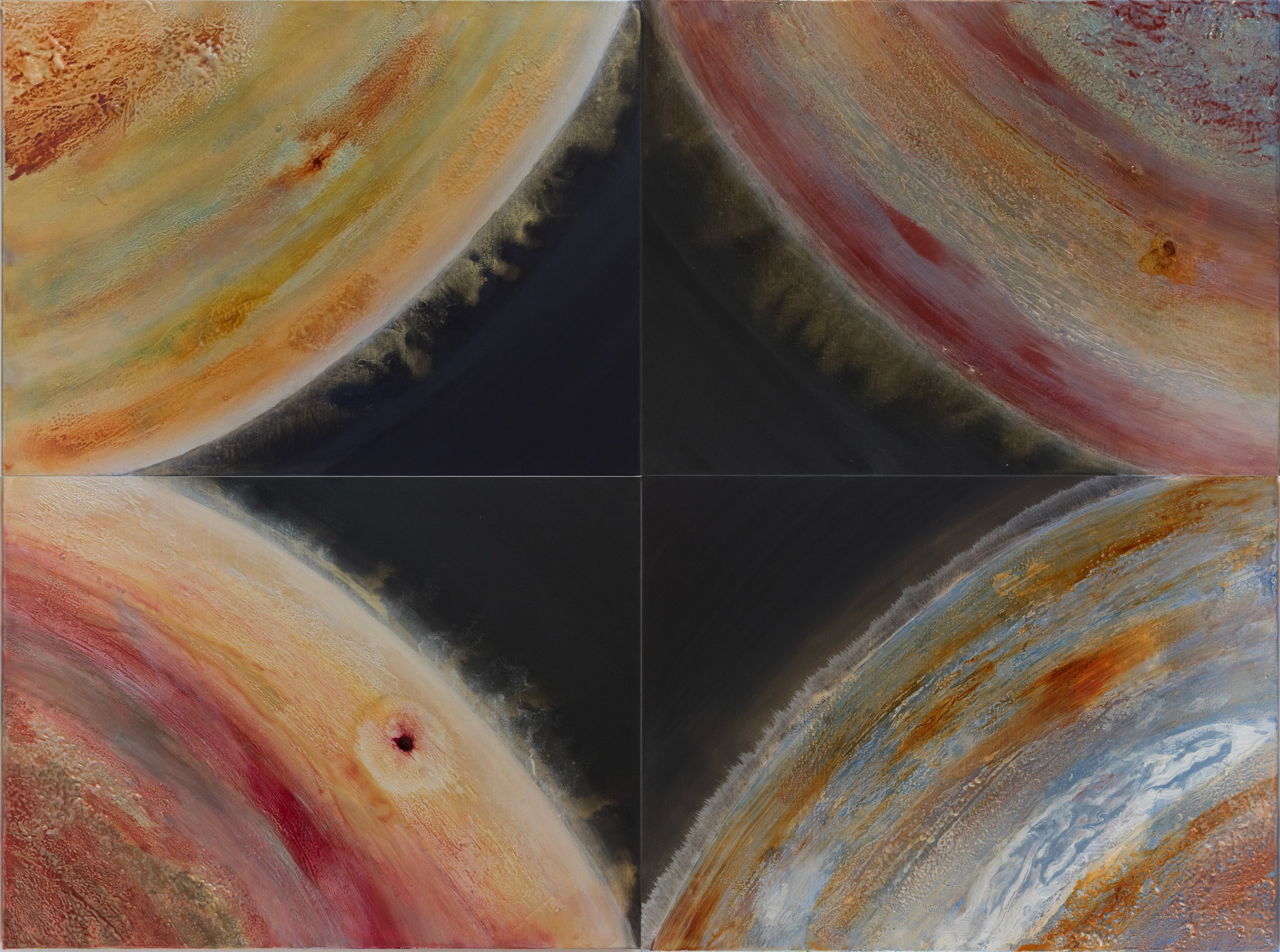 ELKYMY. 'At The Worlds End' Acrylic, polyurethane, powdered pigments (Mica) on 4 deep edged stretched canvases. 24 x 18 inches each (61 x 46 cm)