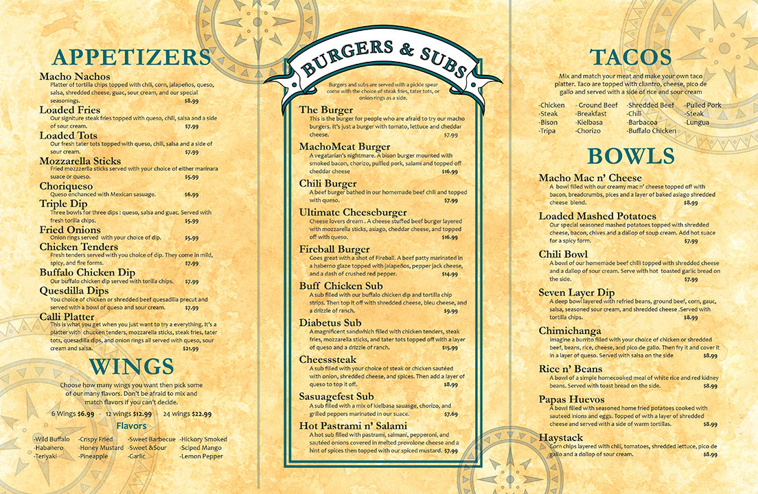 Calli Macho Menu Layout Front