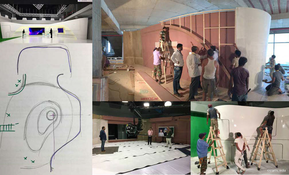 The tapering and curved continuous wall housing two separate screens was a challenge in itself. It had to be modular so it can be portable too