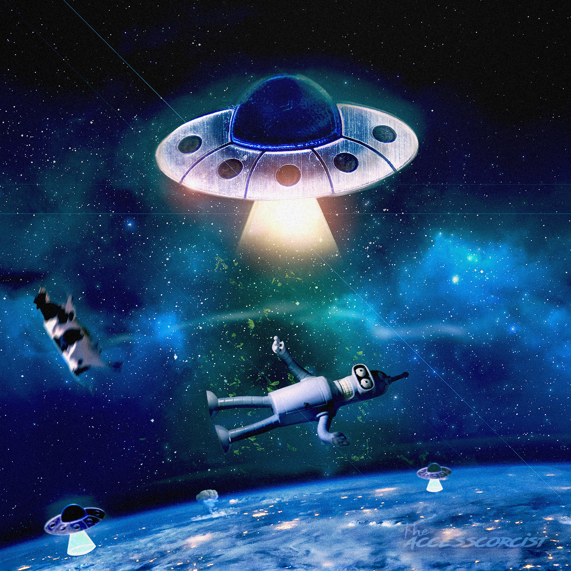 This image was created using a mixture of photographed elements (the ufo and figure) with stock photography (everything else) blended together in Photoshop