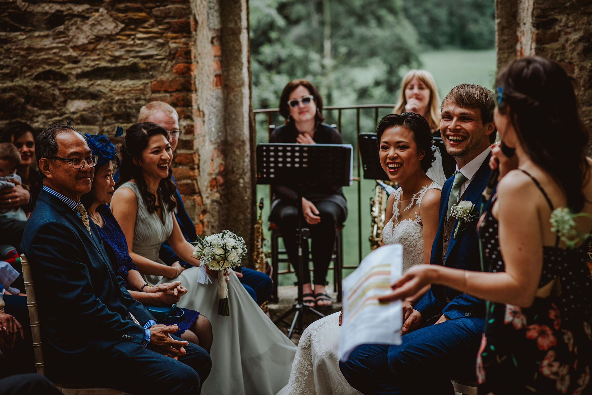 laughing bride and groom