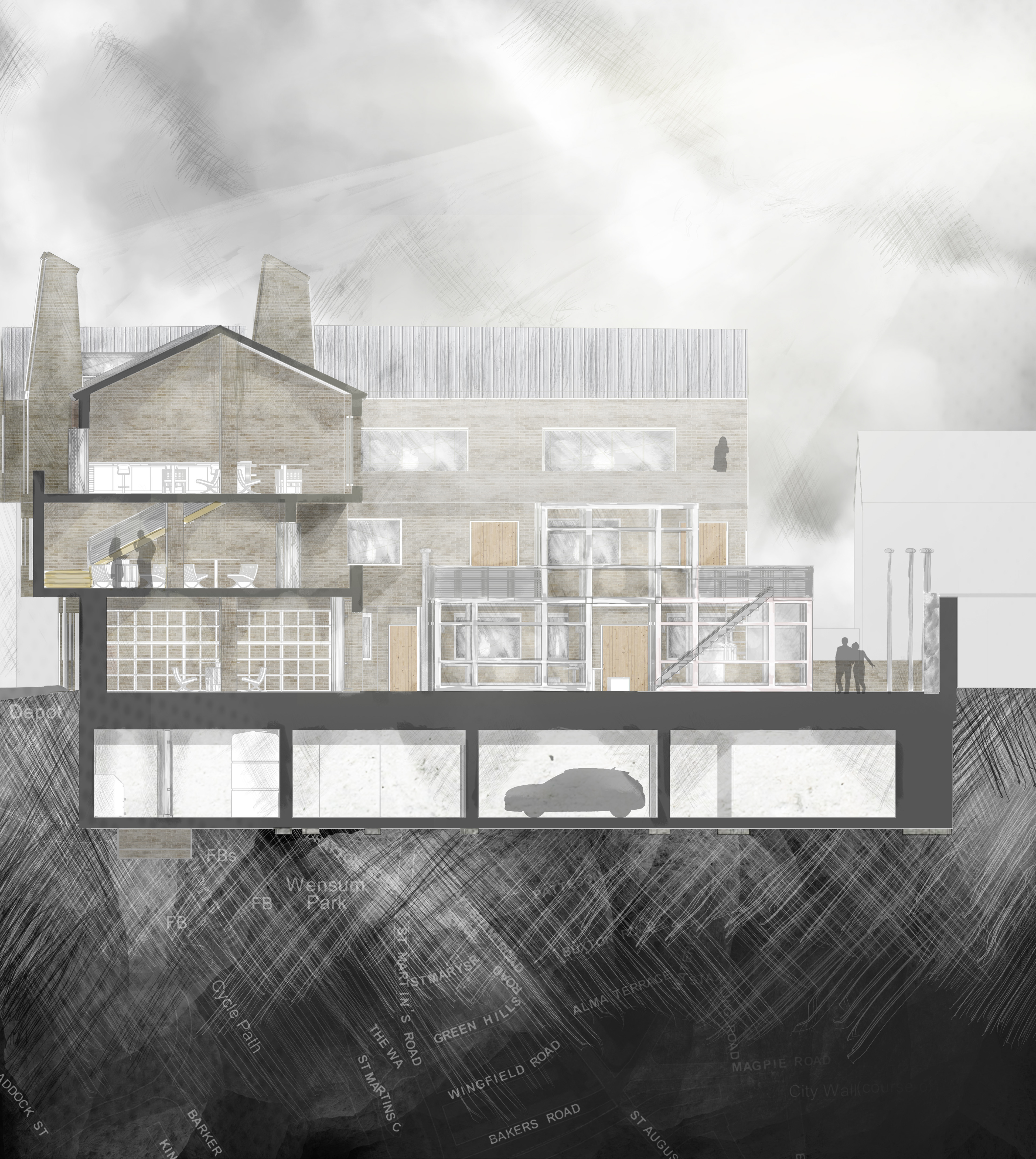 Section AA' highlighting the community work spaces and the underground parking