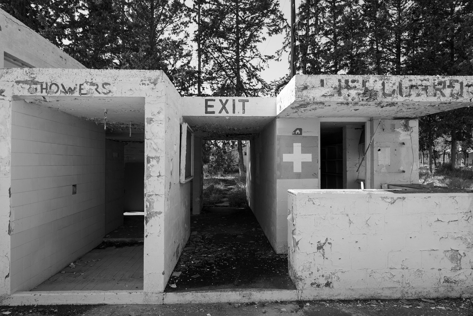 Swimming pool showers and lifeguard's post at the abandoned Berengaria Village in Limassol, Cyprus