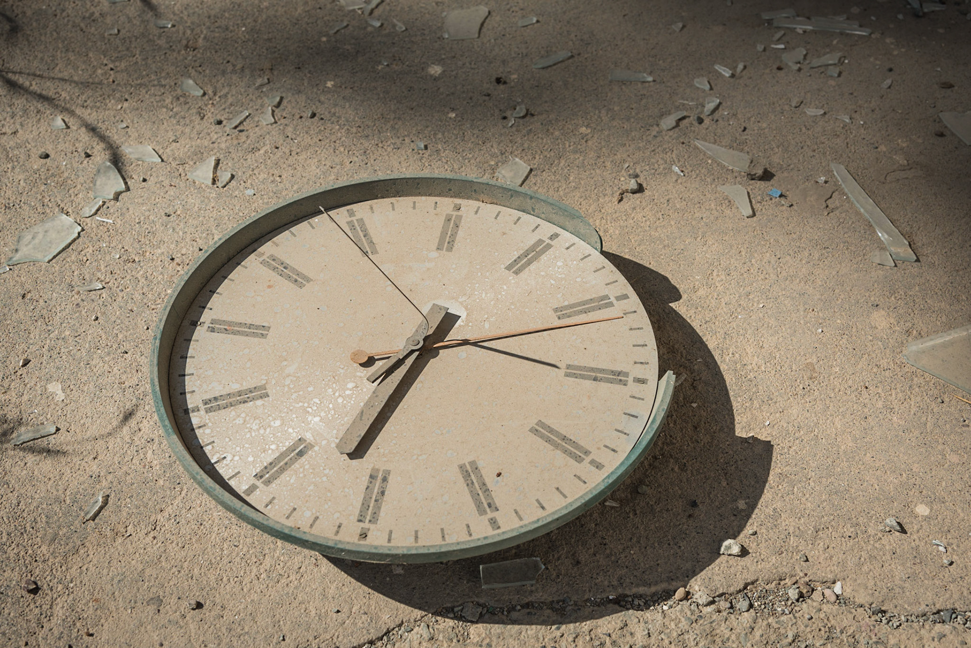 Broken classroom clock at the abandoned Berengaria Village in Limassol, Cyprus