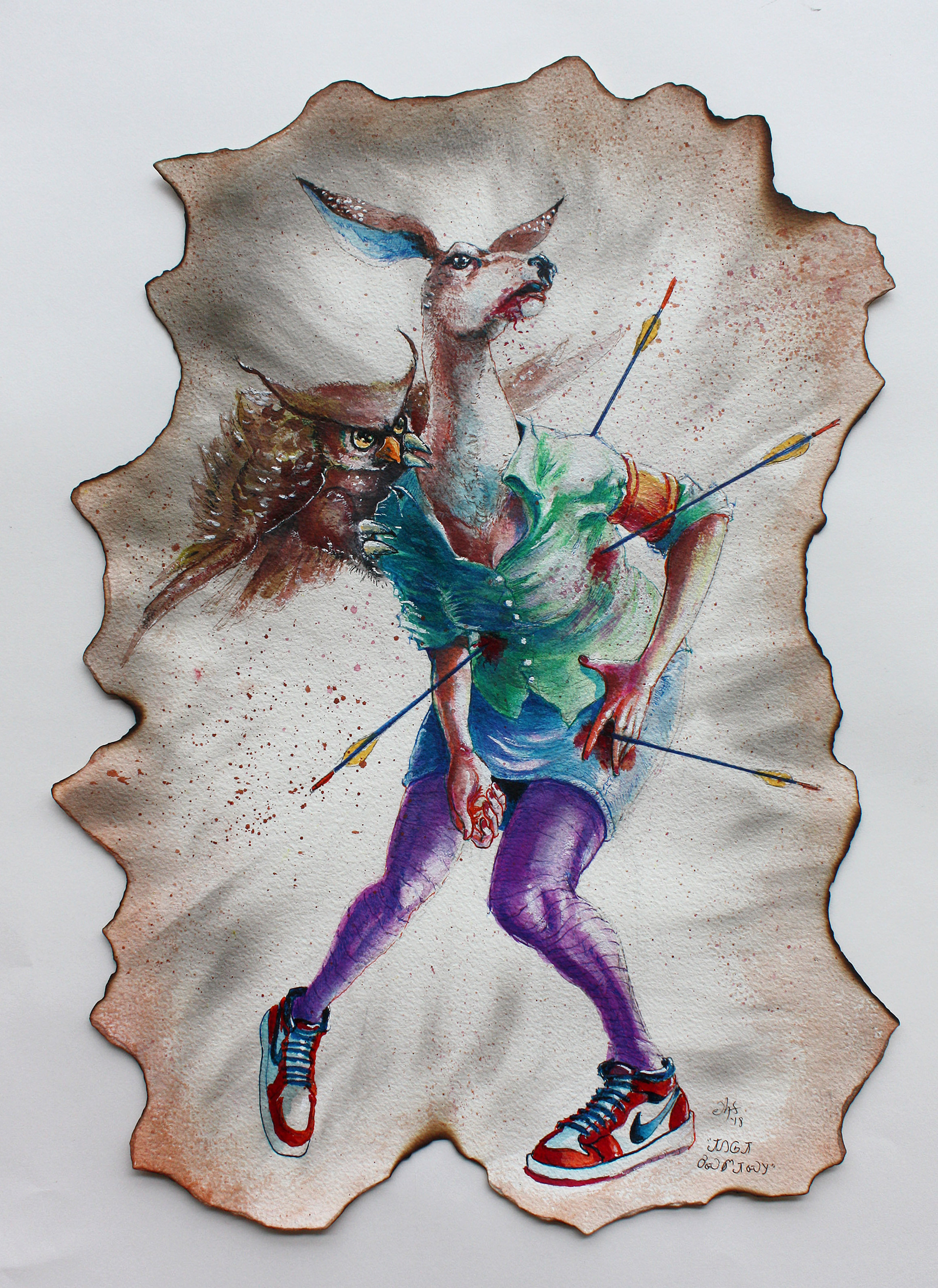 ᏗᏁᎶᏗ ᎤᏍᏛᏗᏍᎩ The Martyr, Roy Boney, Jr. (Tahlequah, Oklahoma), acrylic ink, pencil, ash on burnt paper, $400