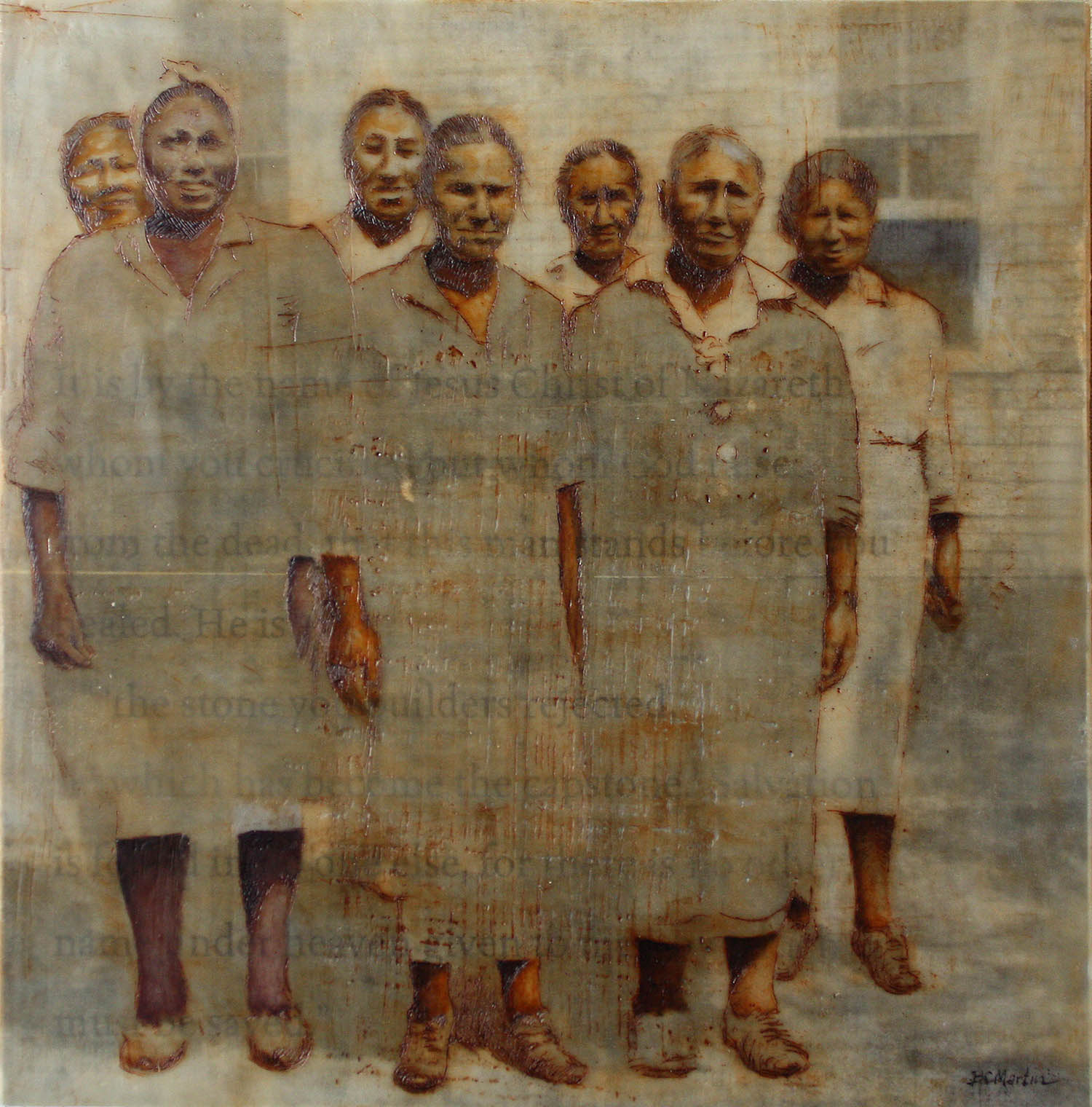 Camphouse Ladies #2...encaustic, collage, oilstick on panel, 10x10 in., private commission