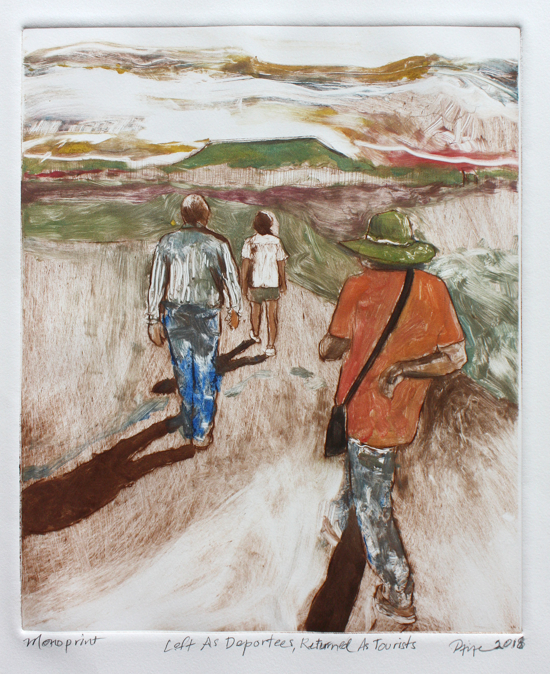 Left As Deportees, Returned As Tourists, Phyllis Fife (Tahlequah, Oklahoma), monoprint on Rives Heavyweight paper, on loan from the Wiggins Native American Art Collection