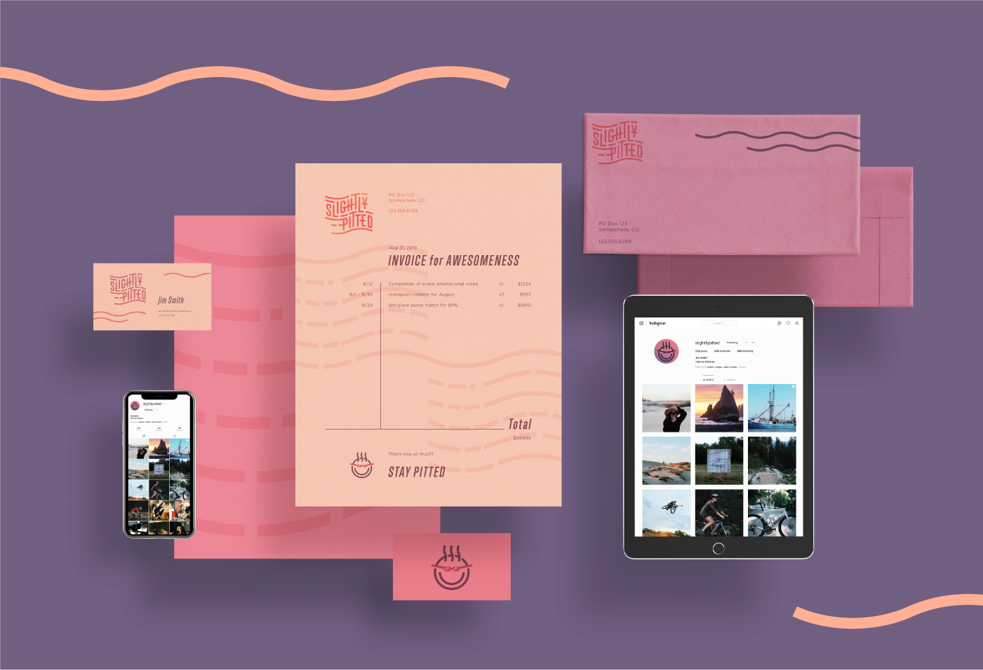 brand design example by russell wadlin in tulsa oklahoma, business cards, envelopes, invoice, social media, logo design