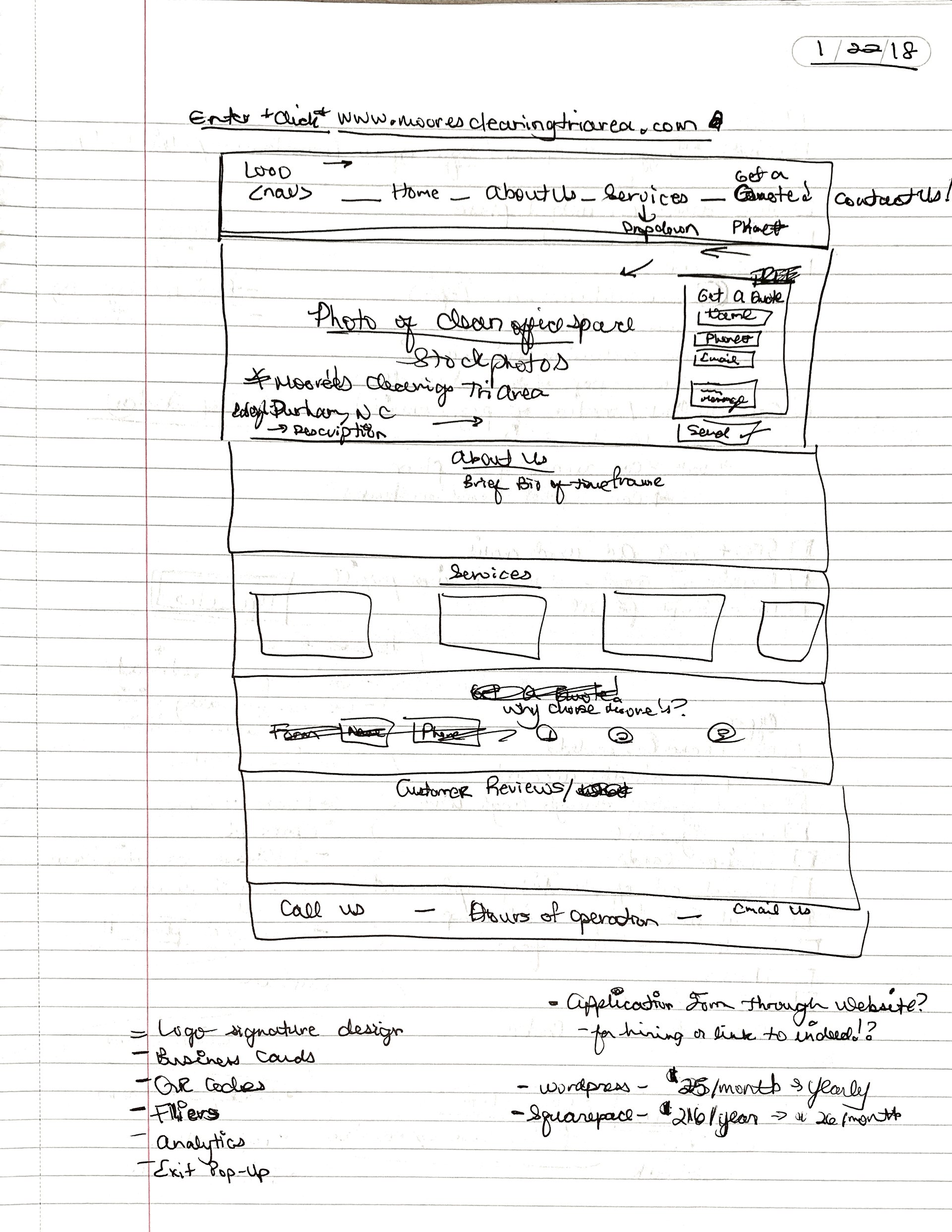 Initial Paper Mock of Skeleton for website. One page with navigation bar was enough for this project.
