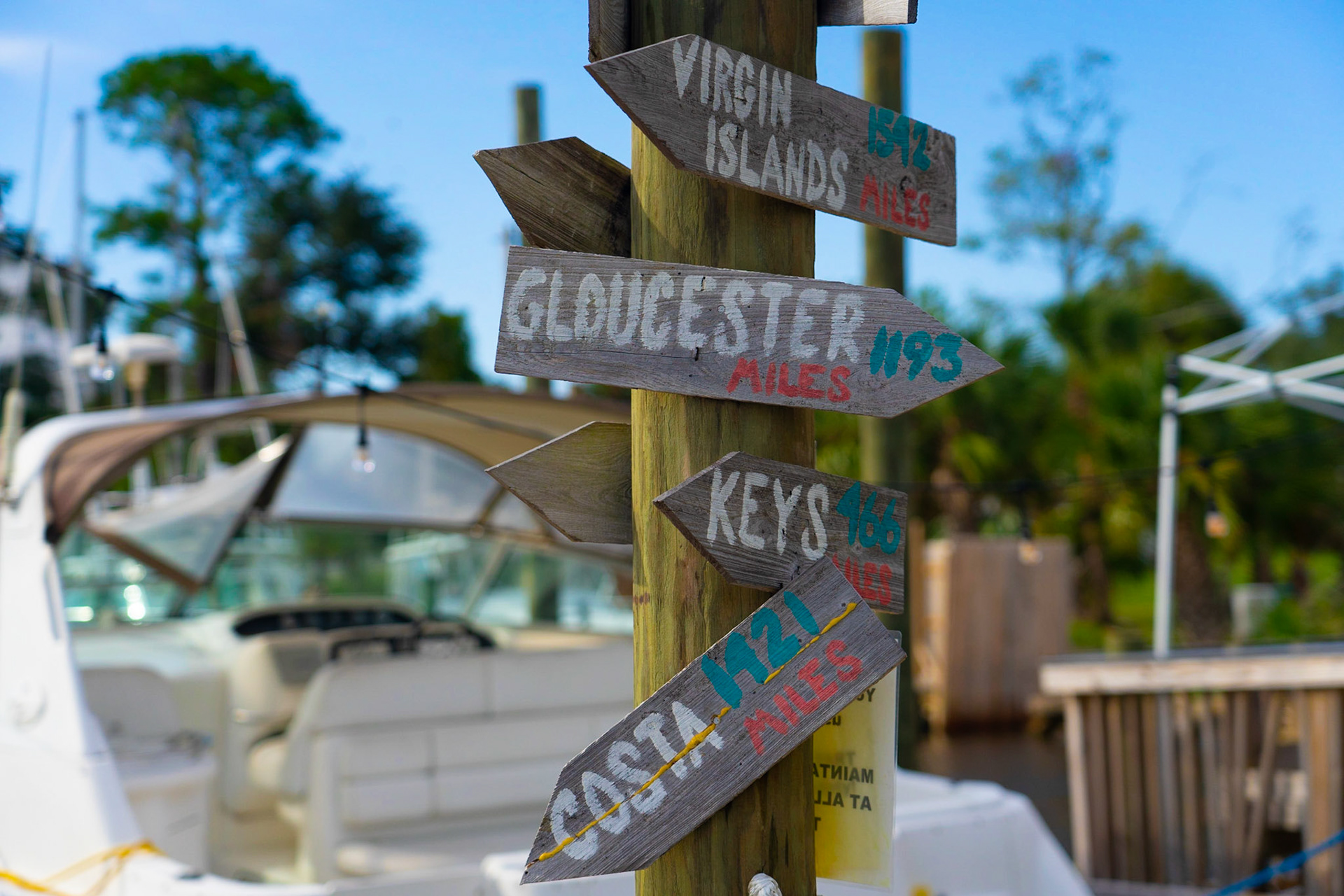 Foreground and Background: Directional Signs on a bayou dock, pointing to other destinations, 20201029, Historic Panama City, MILLER, I found this set of signs out on the dock and enjoyed the Florida/water life vibe it had. Focusing in on the weathered arrow signs I as able to put the rest of the bayou out of focus, but still visually adding to the water life vibe knowing its a boat and dock in the background. Camera Settings: Sony A7 II, ISO 200, 64mm, f4, 1/1600s