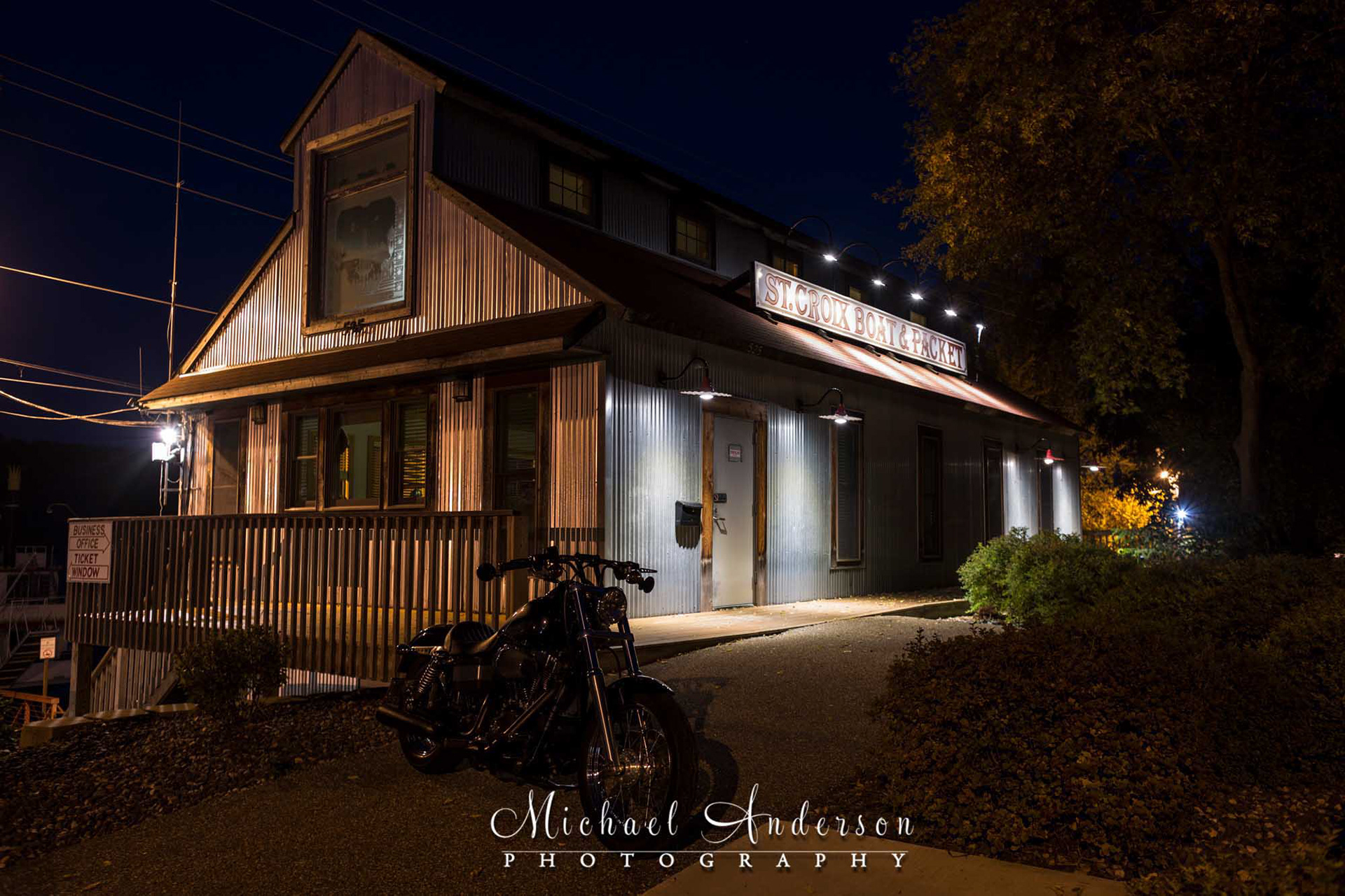 Photo of a Harley Davidson Motorcycle before light painting it. Image was created at the historic St. Croix Boat & Packet building in Stillwater, MN.