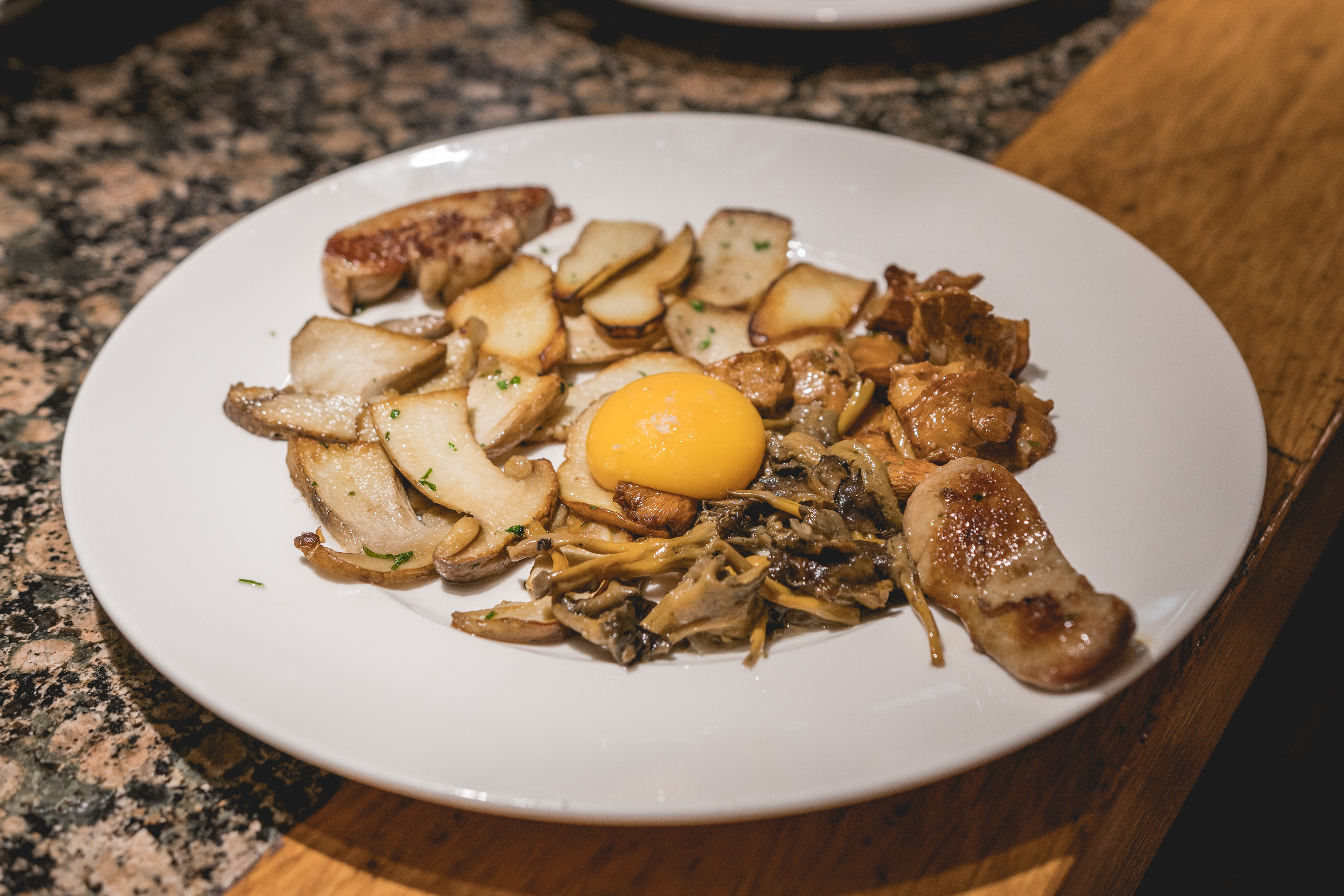 Seasonal mushrooms, foie gras, egg yolk - San Sebastian, Basque Country