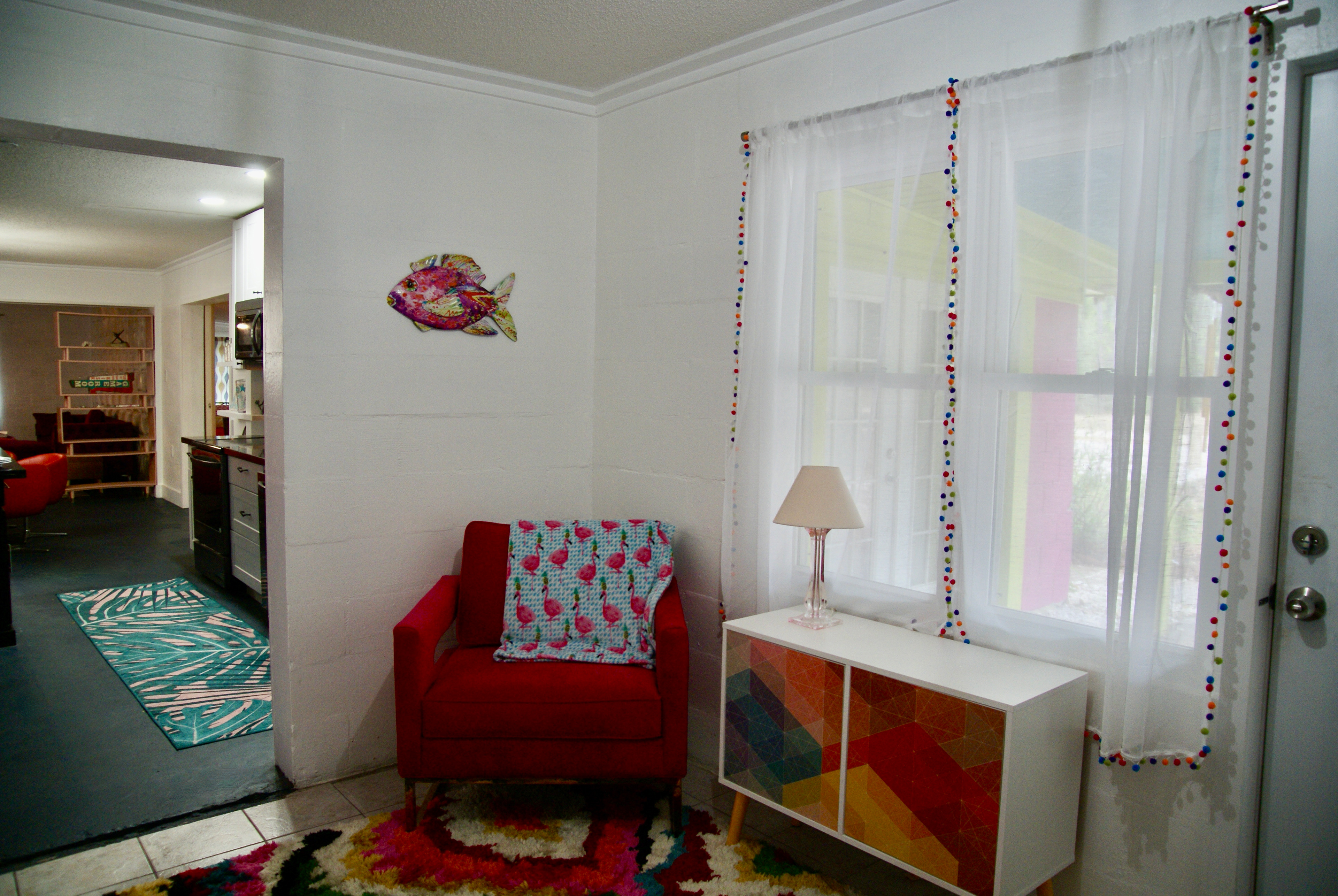 Seating area in side entryway. 