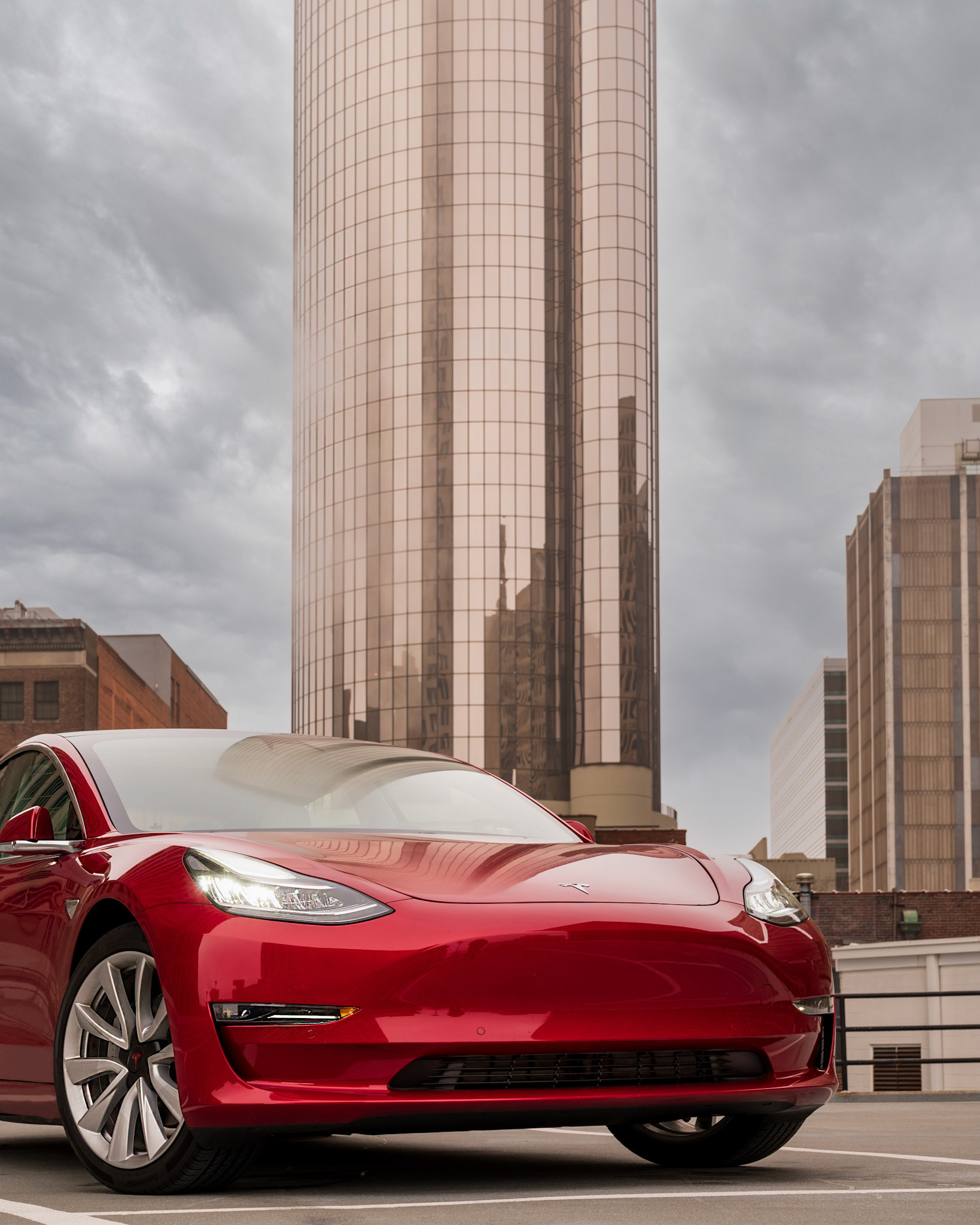 Red Tesla Model 3 Downtown Atlanta