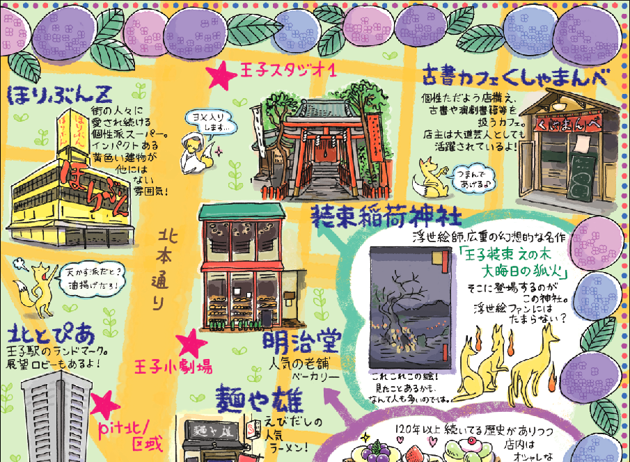 王子小劇場「佐藤佐吉演劇祭2014+公式パンフレット」マップイラスト 部分(2014年)