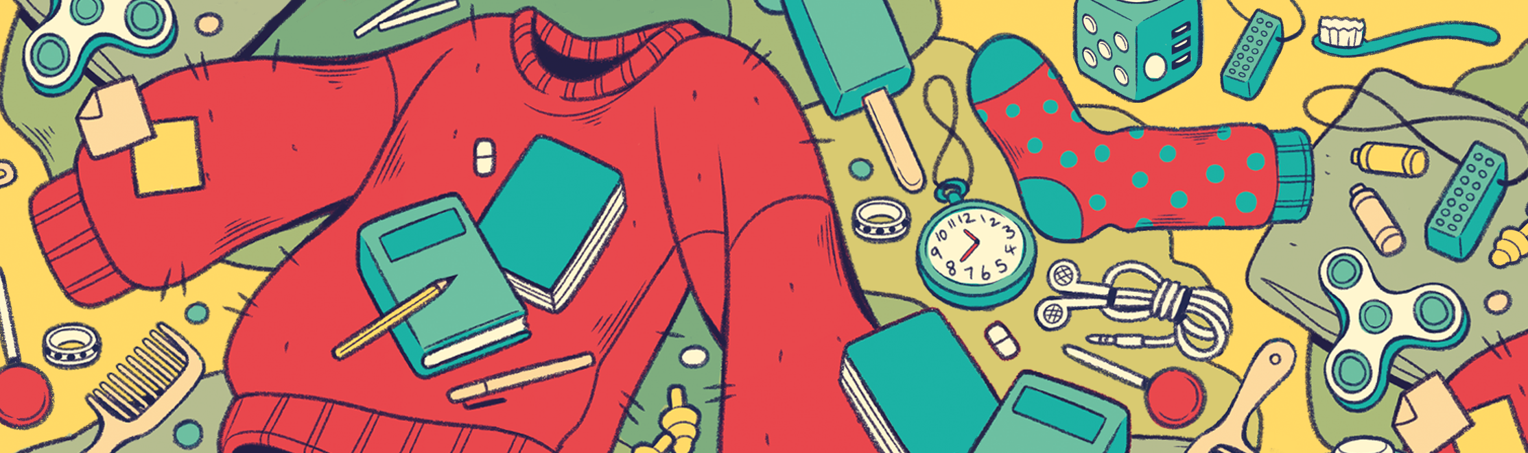 Banner for SENSORY: Life on the Spectrum featuring an illustration of clutter on the floor. The clutter features a large red jumper and a bunch of sensory items, including a fidget ring, chewable necklace, fidget spinner, fidget cube, earplugs and other miscellaneous items including an ice lolly, a comb, books, earphones, a pocket watch and stationary.