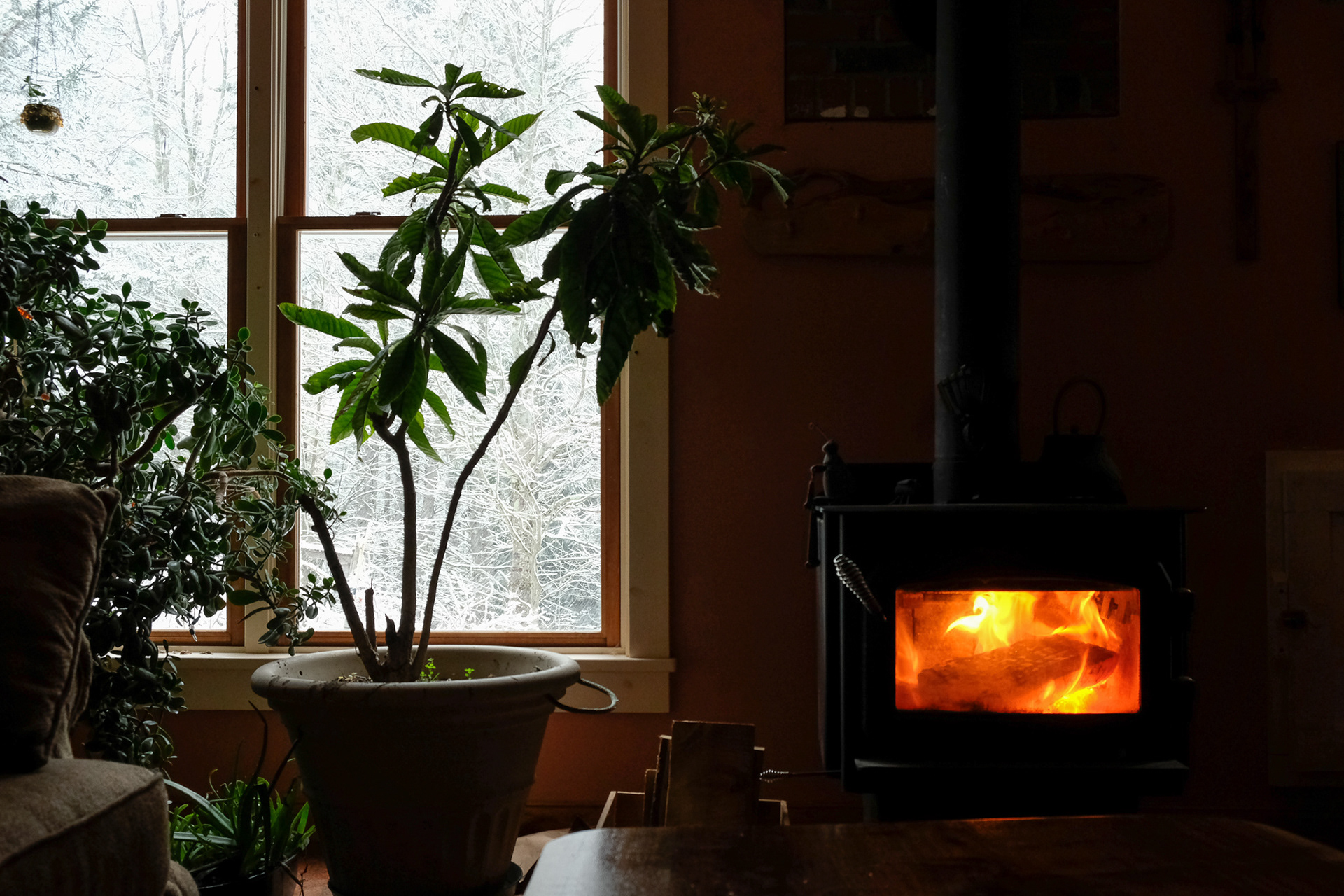 By the fireplace