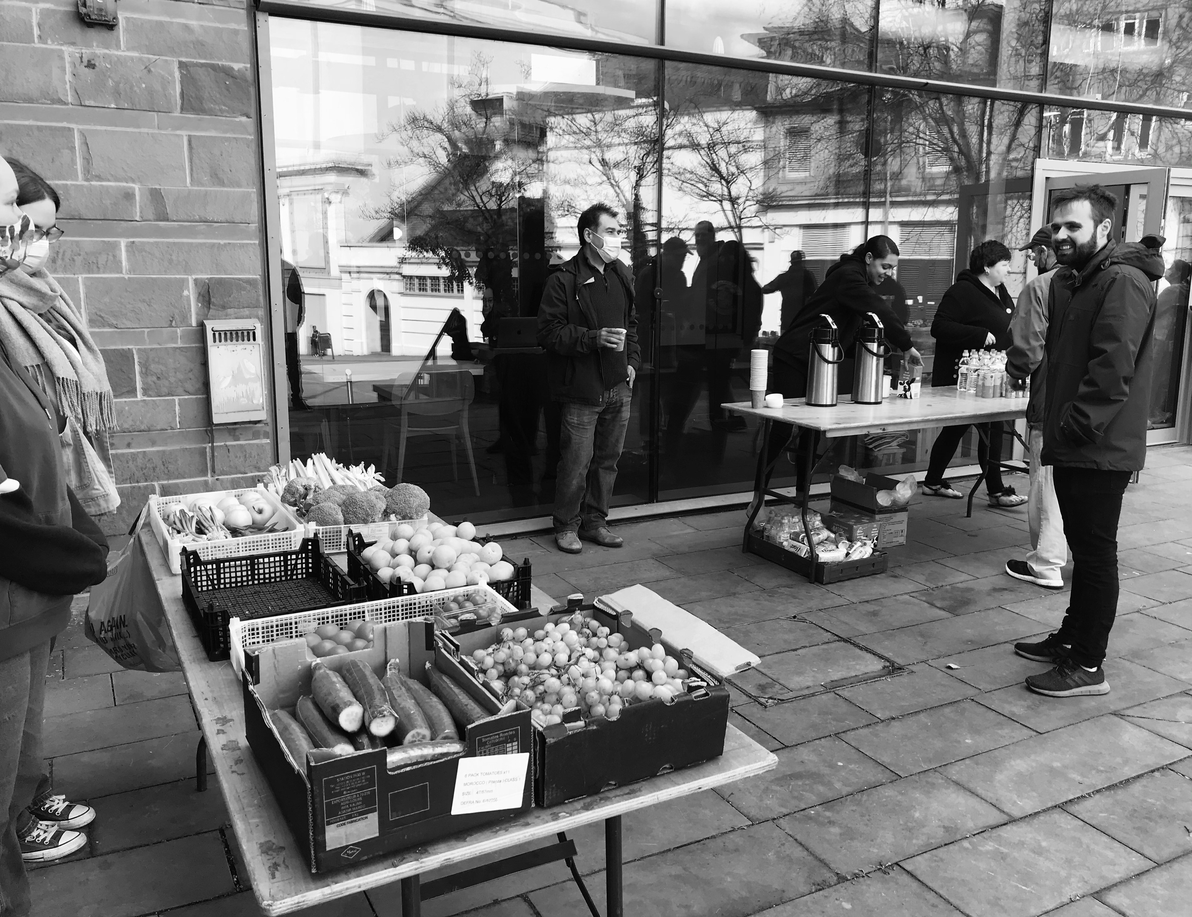 Lunchtime food service: We collaborate with Bradford Markets and collect fruit and veg from them 5 days a week (17 tons in just over 3 months). We have a team of volunteers - including refugees and asylum seekers from a wide range of ethnicities and we supply hot meals and a fresh food stall four days a week. We usually supply 40-50 meals a session.