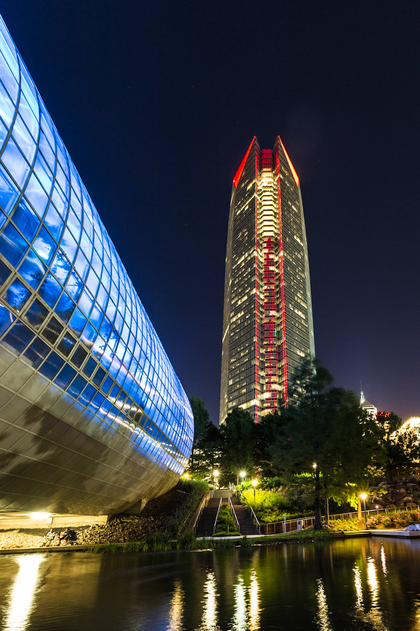 The Devon Energy Tower from the Myriad Botanical Garden at night