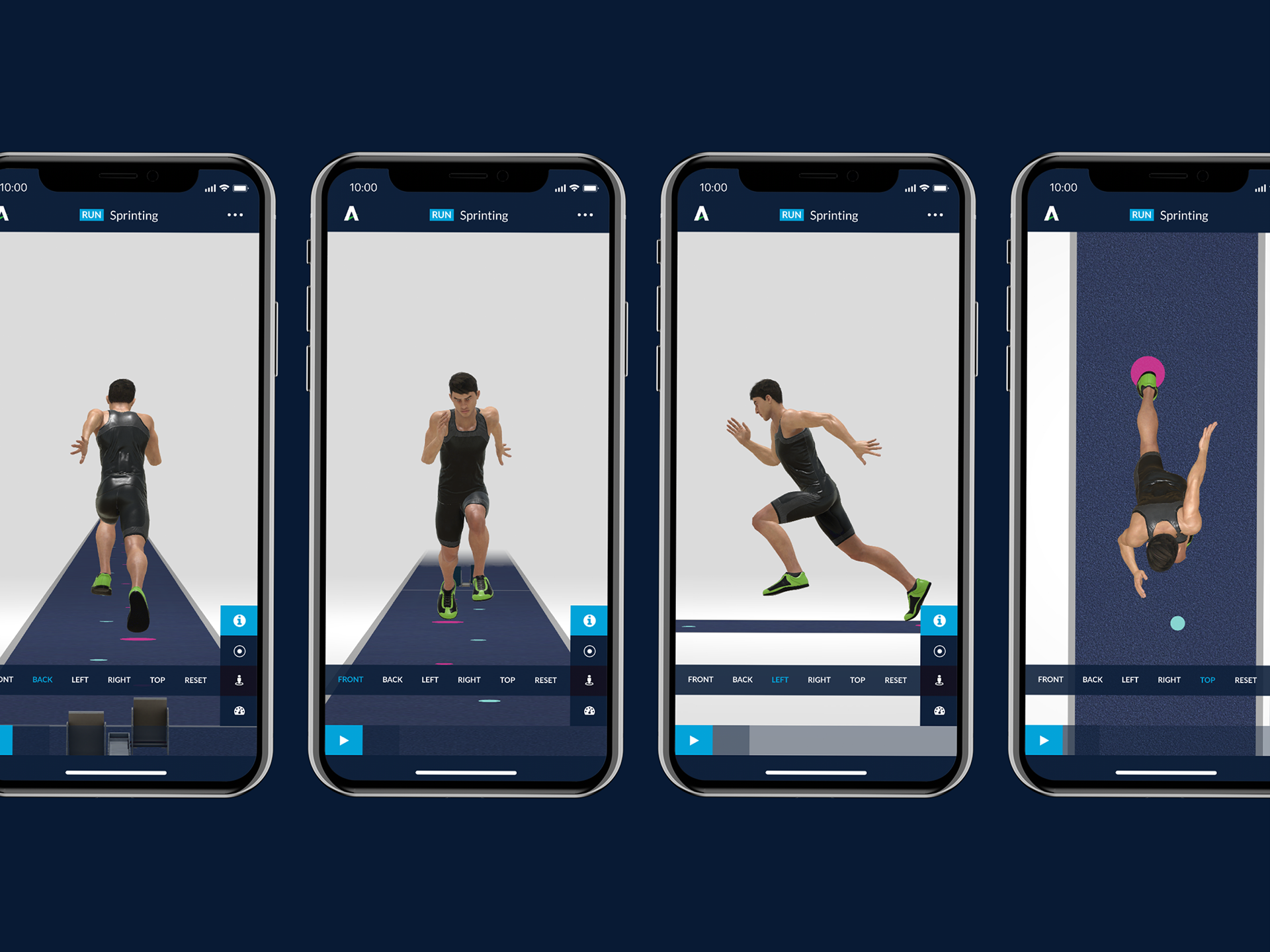 4 iPhone screens showing different views of the athlete in the Athletics 3D app