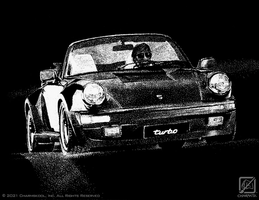 My fascination for the 911 Turbo manifesting in black ink scratchboard art.