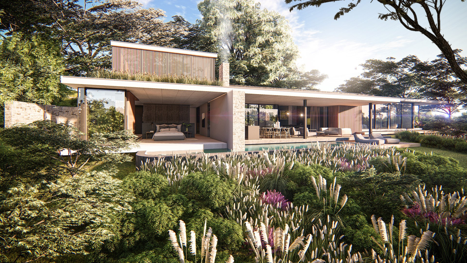 modern residential building with timber cladding and concrerte finishes