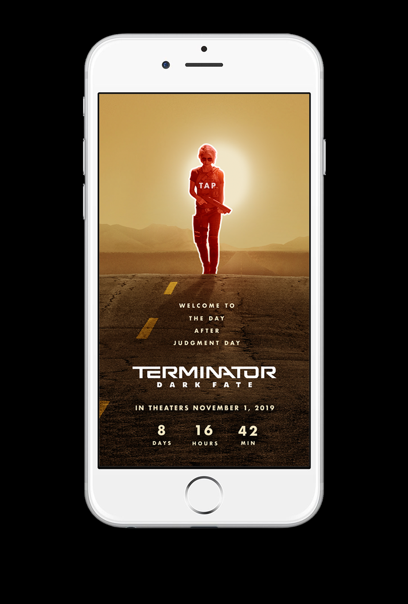 3. A dynamic countdown displays time until movie release. An animated prompt encourages the user to tap the screen, hinting at more content to explore.