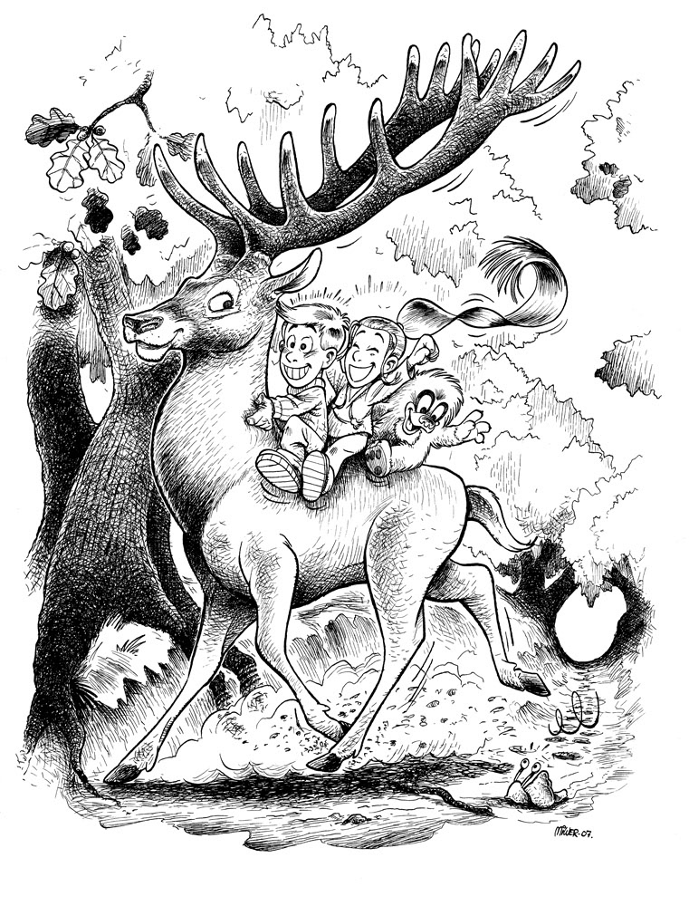 Illustration til højtlæsningsbog, Børnenes Trafikklub. Tusch og pen