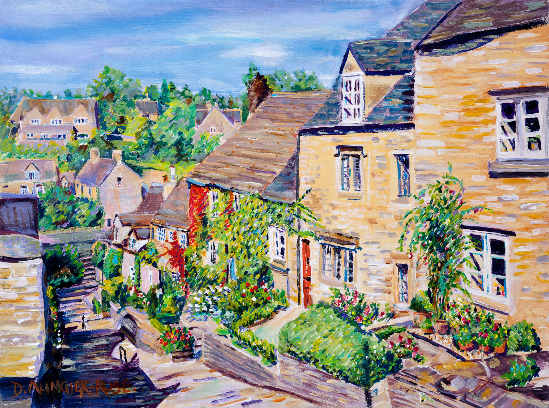 LOOKING DOWN CHIPPING STEPS, TETBURY. From an original painting by Diana Aungier-Rose. Print size: 21cm x 29cm. Frame size: 35cm x 45cm. For sale: £49