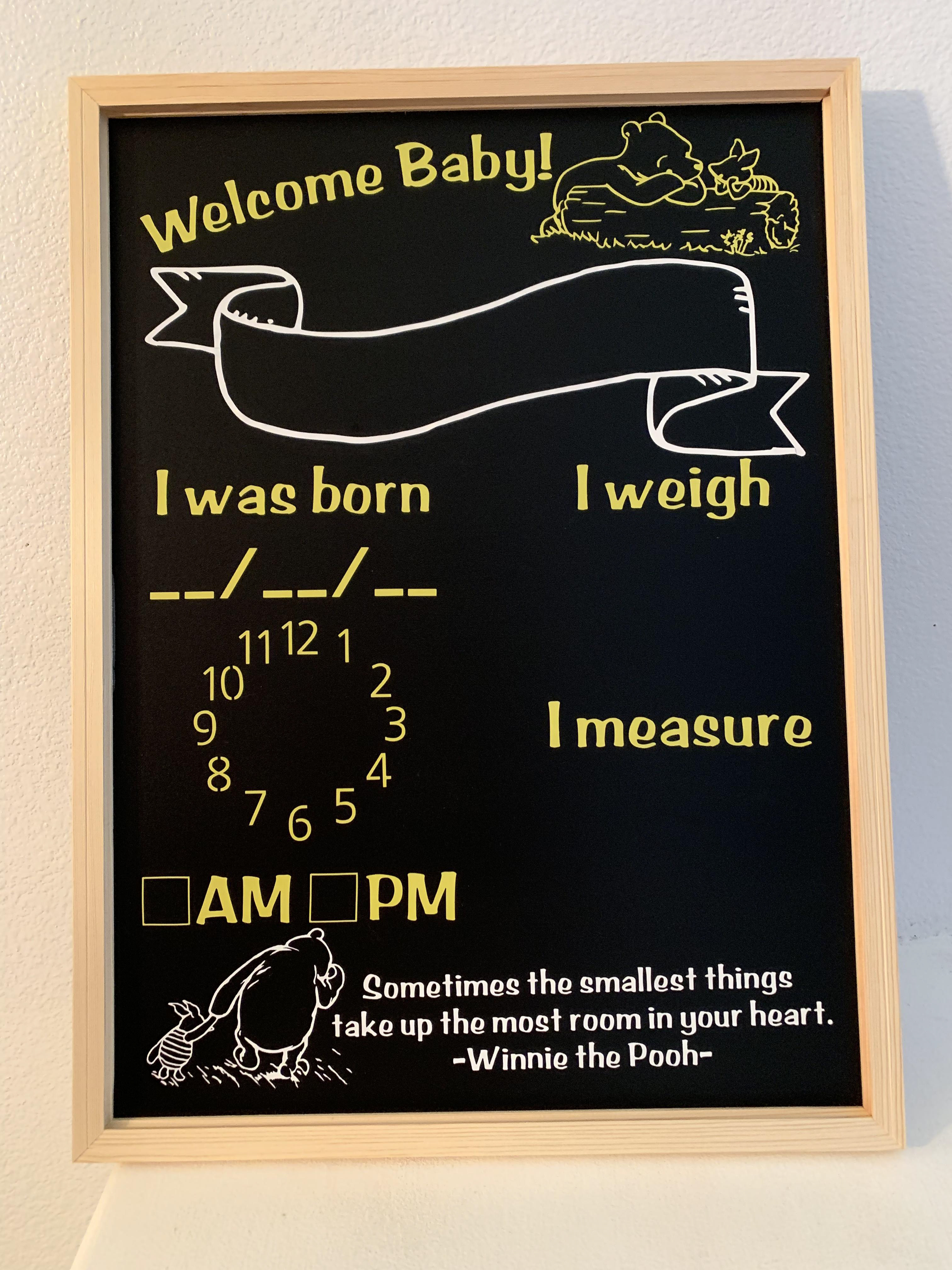 This welcome baby board is created with removale vinyl, and can be repurposed after the new baby pictures :)