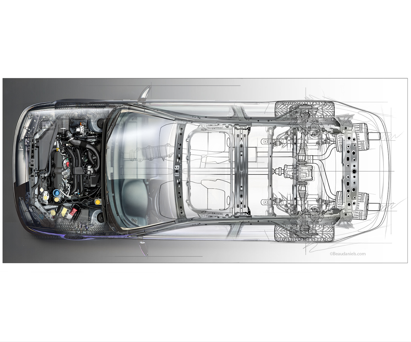 A generic overhead technical illustration of an AWD vehicle. Cutaway to show, engine, driveline, suspension, safety frame, exhaust, differential etc.    